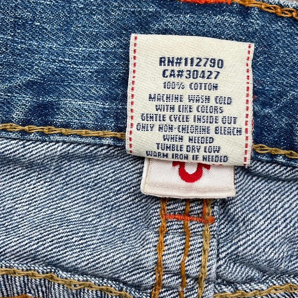 True Religion‎ Jeans Men 38W 32L Blue Distressed Denim Orange Stitching USA